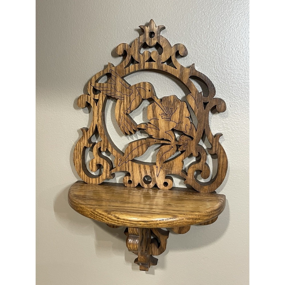 Vintage Intricate Wood Hand Carved Wall Trinket Shelf Hummingbird Flowers